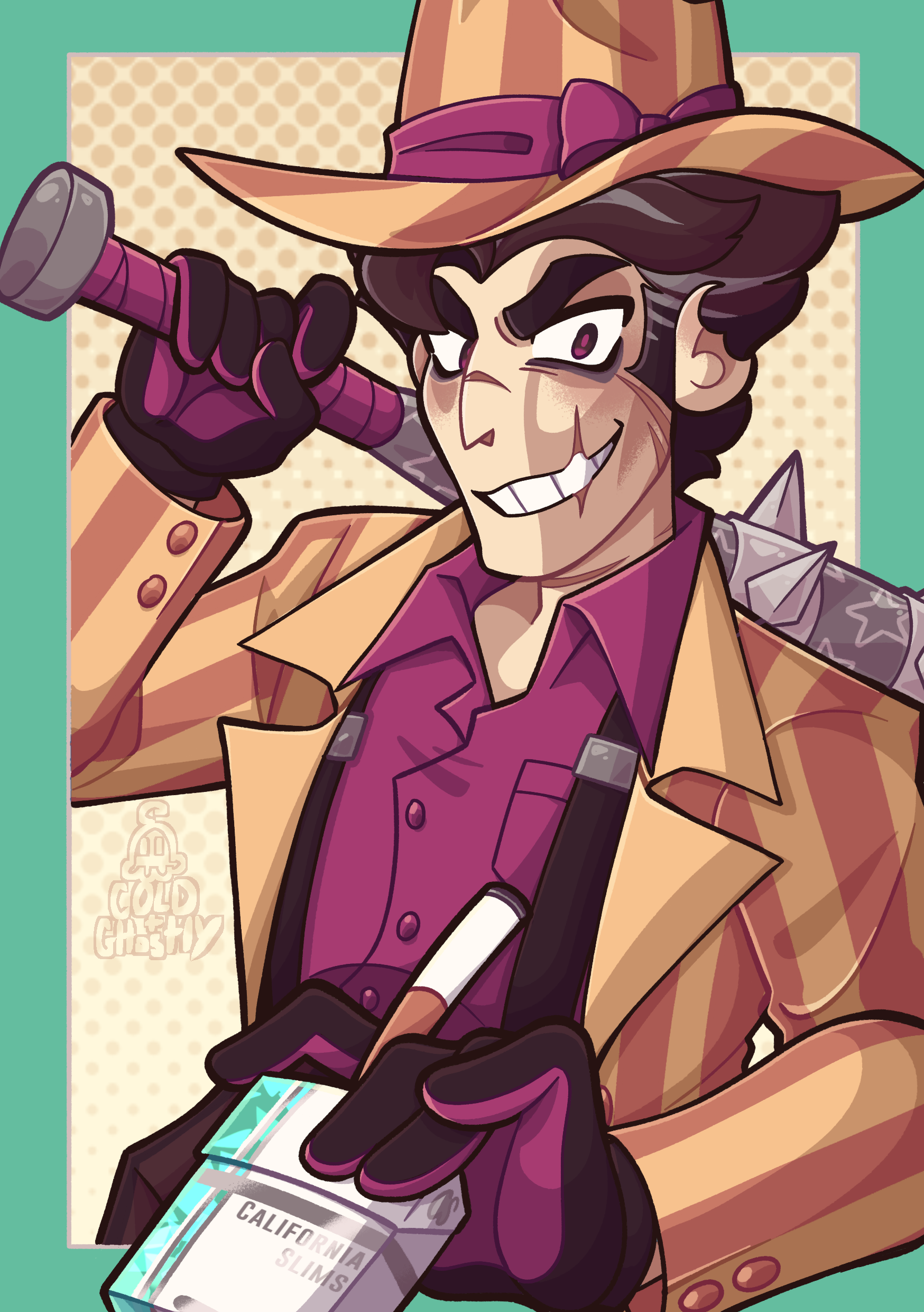 A drawing of California Slim from Anime Campaign with his bat slung over his shoulder and a pack of cigarettes in hand.